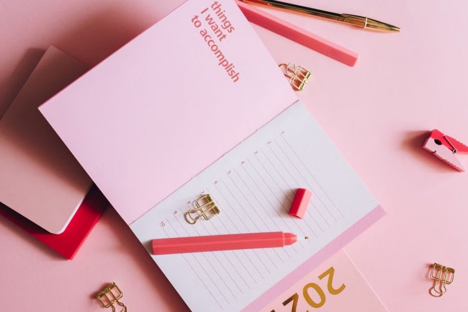 Organized workspace with pink planner, pen, and clips on pastel background.